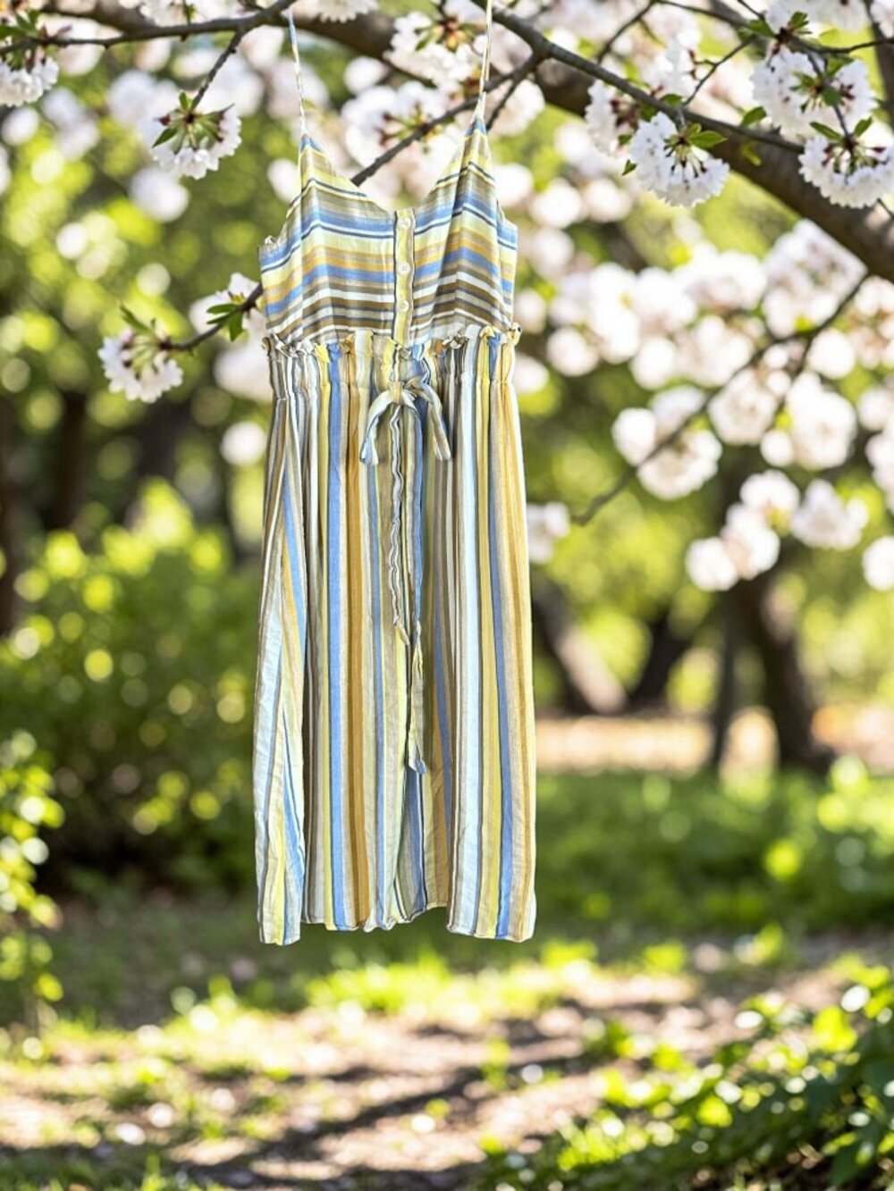 TRF Zara Blue Yellow Tan Striped Strappy Empire Waist Summer Dress Size Small